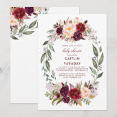 バーガンディ - マルサラ フローラル リース ベビー シャワー 招待状 (正面/裏面)