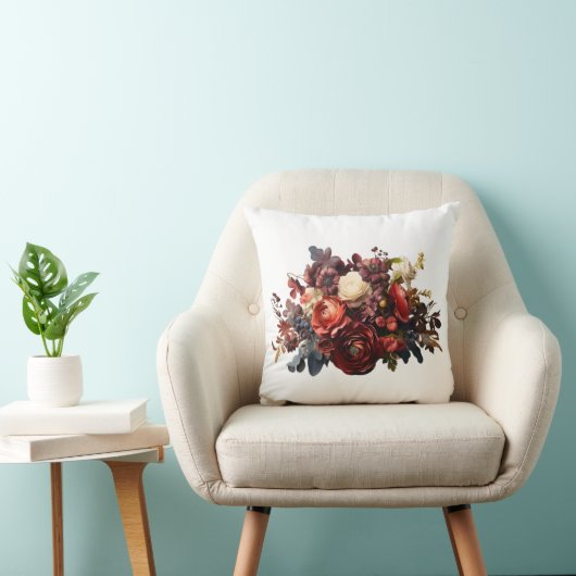 バーガンディ マロンコーラル ホワイト ムーディーフラワーパターン クッション (椅子)