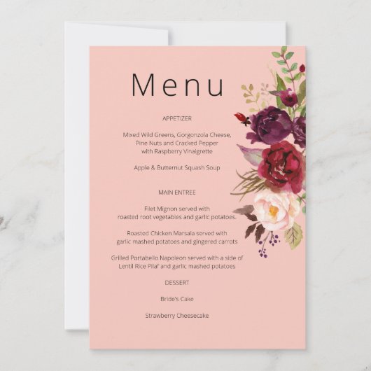 バーガンディ マーサラと ブッシュ フラワーメニュー - ピンク 2 招待状 (正面)