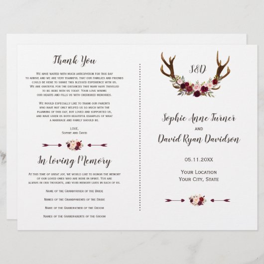 バーガンディ マーサラ フローラル アントラーズ ウェディングプログラム (正面/裏面)