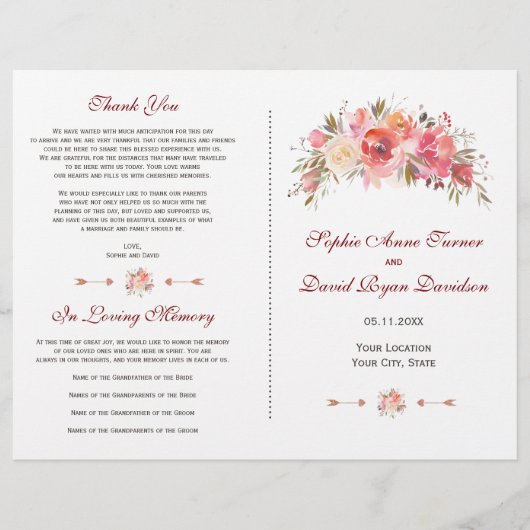 バーガンディ マーサラ フローラル アントラーズ ウェディングプログラム (正面)