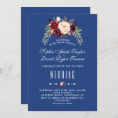 バーガンディ マーサラ フローラル ネイビーブルー ウェディング 招待状 (正面/裏面)