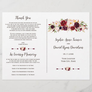 バーガンディ マーサラ ブラッシュ フローラル ウェディング プログラム