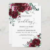 バーガンディ マーサラ ラスティック フローラル グリーン ウェディング 招待状 (正面/裏面)
