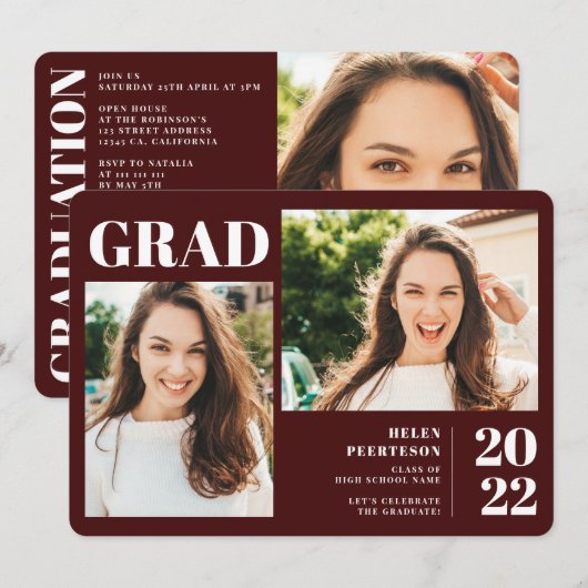 バーガンディ ミニマリスト モダン 3枚 卒業 招待状 (正面/裏面)