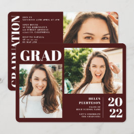 バーガンディ ミニマリスト モダン 3枚 卒業 招待状