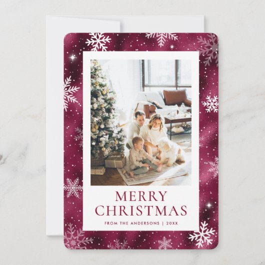 バーガンディ・メリークリスマス・スノーフレーク・スノーフレーク写真 シーズンカード (正面)