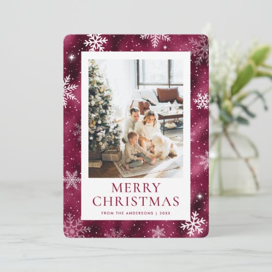 バーガンディ・メリークリスマス・スノーフレーク・スノーフレーク写真 シーズンカード (スタンド正面)