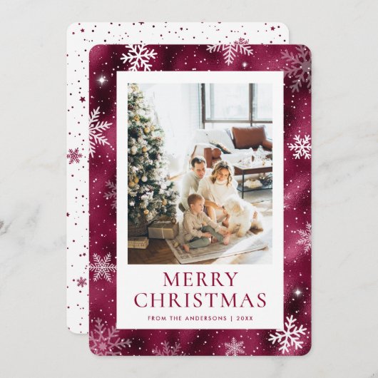 バーガンディ・メリークリスマス・スノーフレーク・スノーフレーク写真 シーズンカード (正面/裏面)
