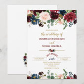 バーガンディ メルロとネイビーブルーの花のブーケ 結婚式 招待状 (正面/裏面)
