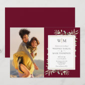 バーガンディ モノグラム グリーン フォト ウェディング 招待状 (正面/裏面)