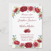 バーガンディ ユーカリ 水彩 花 秋 結婚式 招待状 (正面)