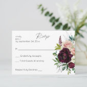 バーガンディ&ライトピンク赤面フローラいいえ食事 出欠カード (スタンド正面)