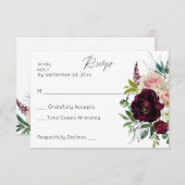 バーガンディ&ライトピンク赤面フローラいいえ食事 出欠カード (正面/裏面)