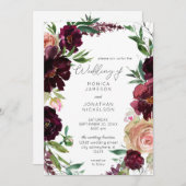 バーガンディ＆ライトブラッシュピンクの花の結婚式 招待状 (正面/裏面)