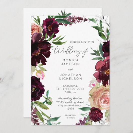 バーガンディ&ライト赤面ピンクフローラ結婚ズ 招待状 (正面/裏面)