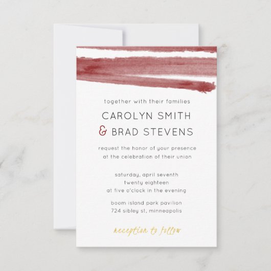 バーガンディ·レッド·アンド·金ゴールド·ウモダンォー結婚ターカラーズ 招待状 (正面)