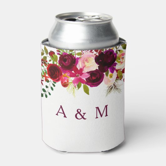 バーガンディ レッド フラワーズ ウェディングエンゲージメントパーティー 缶クーラー (缶正面)