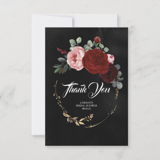 バーガンディ レッド フラワーズ ブラック サンクス サンキューカード (正面)