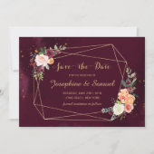 バーガンディ·レッド·フローラ·ウォーターカラー日付の保存 招待状 (正面)
