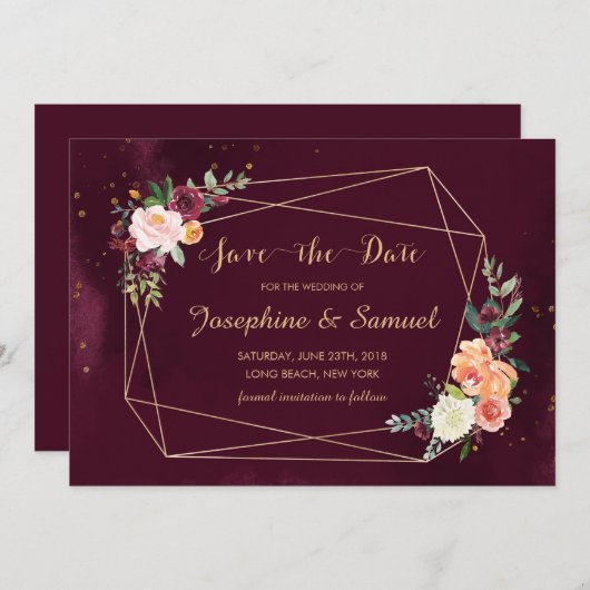 バーガンディ·レッド·フローラ·ウォーターカラー日付の保存 招待状 (正面/裏面)