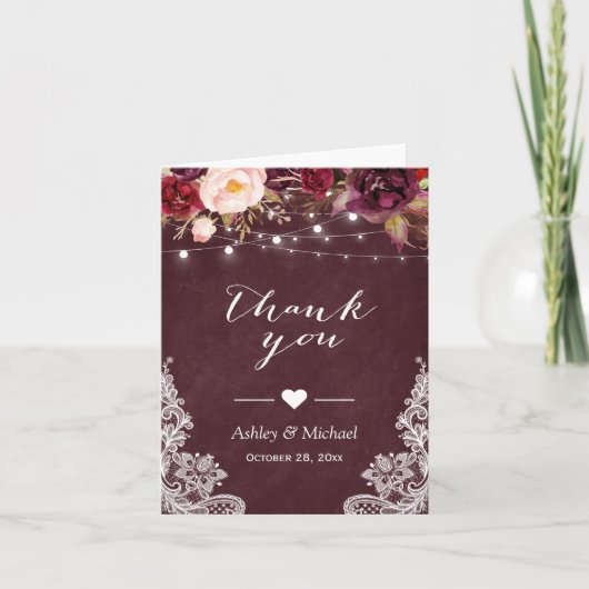 バーガンディ レッド ラレース フローラル ストリング ライト ありがとう サンキューカード (正面)