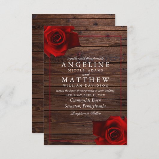バーガンディ·レッド·ローズ·ウッ素朴結婚ドズ 招待状 (正面/裏面)