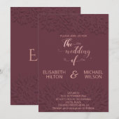 バーガンディ ローズゴールド エンボス ボタニカル カリグラフィー 招待状 (正面/裏面)