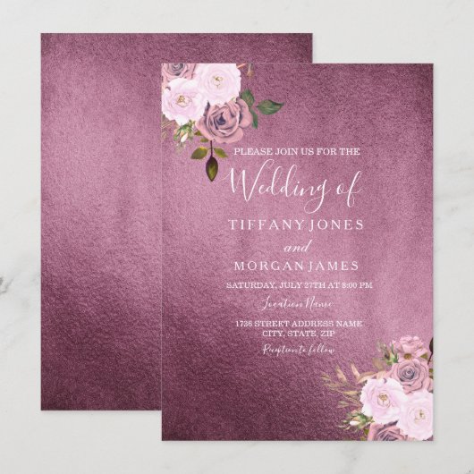 バーガンディ＆ローズゴールド フラワー ウェディング 招待状 (正面/裏面)