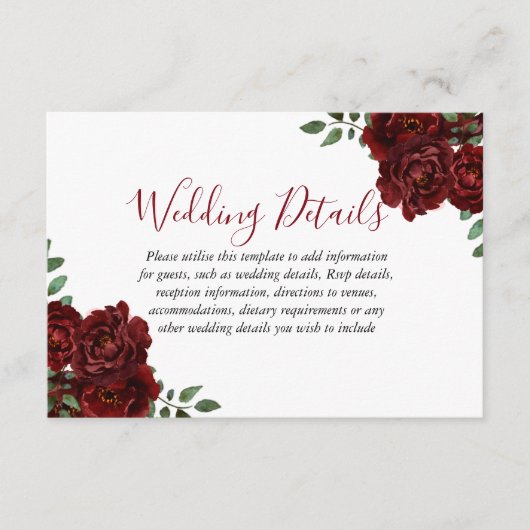 バーガンディ ローズ ロマンチック ウェディング レセプションの詳細 エンクロージャーカード (正面)