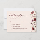 バーガンディ ワイルドフラワー ウェディング RSVP 返信カード 招待状 (正面)