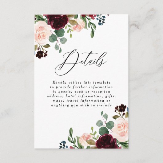 バーガンディ ワインブラッシュ ウェディング レセプション 詳細 エンクロージャーカード (正面)