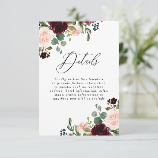 バーガンディ ワインブラッシュ ウェディング 詳細 レセプション エンクロージャーカード (スタンド正面)