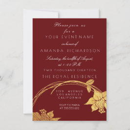 バーガンディ ワインレッド シャンパンゴールド フローラルレッド 招待状
