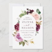 バーガンディ ワインレッド & ブラッシュ フラワー フレーム ウェディング 招待状 (正面)