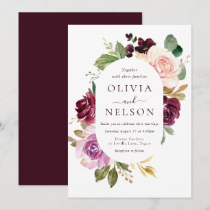 バーガンディ ワインレッド & ブラッシュ フラワー フレーム ウェディング 招待状