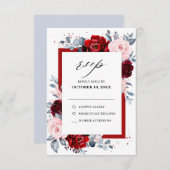 バーガンディ ワイン ダスティ ブルー スレート フラワーのウェディング 出欠カード (正面/裏面)