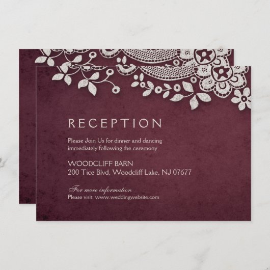 バーガンディ ヴィンテージ レース ラスティック ウェディング レセプション エンクロージャーカード (正面/裏面)