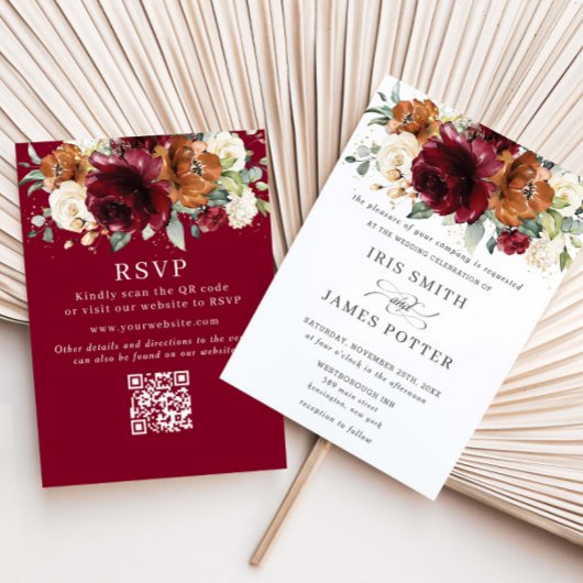 バーガンディ・焦茶・象牙色の花柄ウェディングQR RSVP 招待状