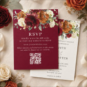 バーガンディ・焦茶・象牙色の花柄ウェディングQR RSVP 招待状
