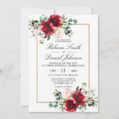 バーガンディ&赤面ピンクウォーター結婚カラーフローライン 招待状 (正面)