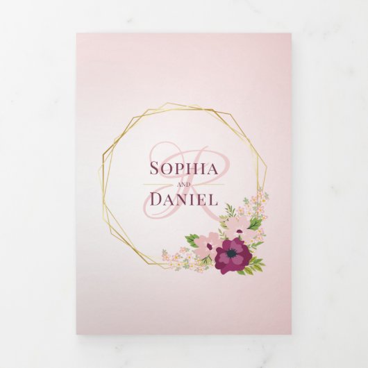 バーガンディ&赤面ピンクフラワージオメト結婚リックズ 三つ折り招待状 (カバー)