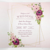バーガンディ&赤面ピンクフラワージオメト結婚リックズ 三つ折り招待状 (内部中)