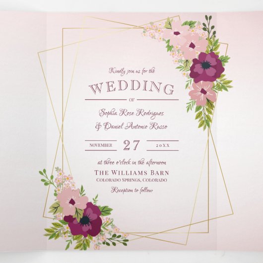 バーガンディ&赤面ピンクフラワージオメト結婚リックズ 三つ折り招待状 (内部中)