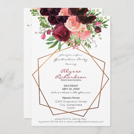 バーガンディ&赤面ピンクフローラ&フレーム卒業 招待状 (正面/裏面)