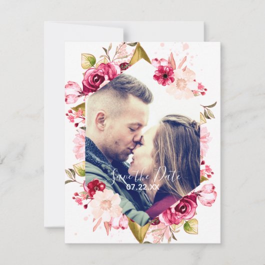 バーガンディ&赤面ピンク六角Save the Date Photo セーブザデート (正面)