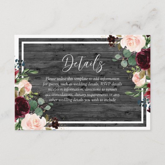 バーガンディ&赤面フラワーチャコールウッド結婚ズ エンクロージャーカード (正面)