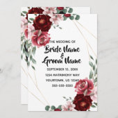 バーガンディ·赤面フローラバラ結婚ズ 招待状 (正面/裏面)