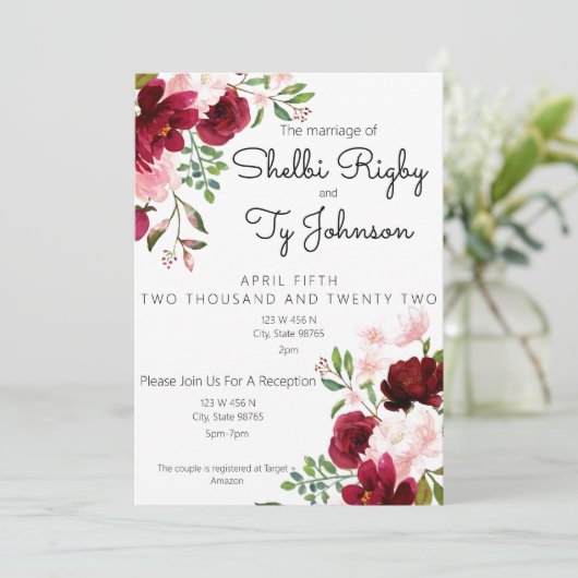 バーガンディ·赤面フローラ結婚式招待状 セーブザデート (スタンド正面)