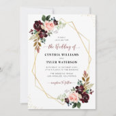 バーガンディ&赤面フローラ金ゴールドジ結婚オメトリ 招待状 (正面)